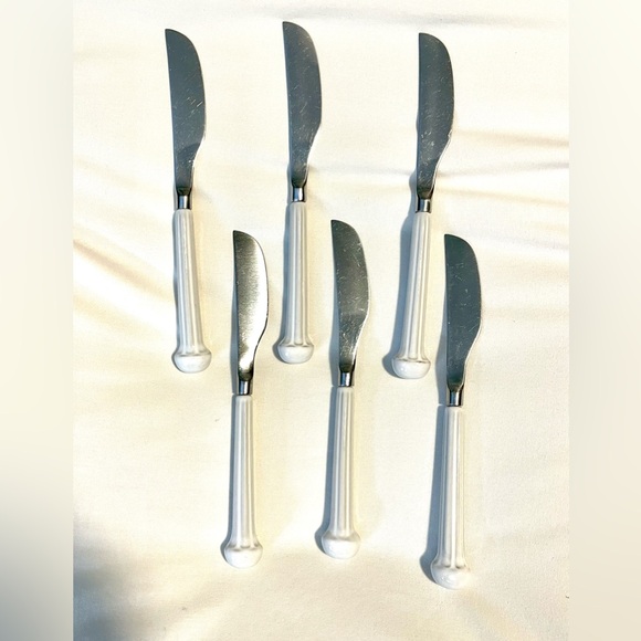 *VNTG* DENBY ENGLAND Regency Blue Stainless-6 Butter Knives-White Ceramic Handle